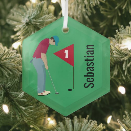 Grass Green Golfer Putting Glass Ornament