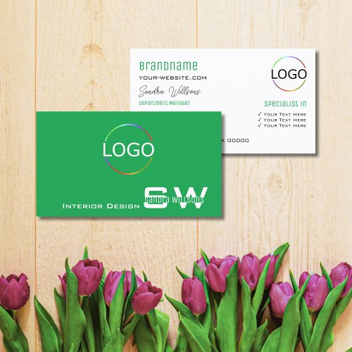 Grass Green Plain White with Monogram and Logo Business Card