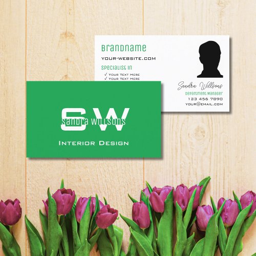 Grass Green Plain White with Monogram and Photo Business Card