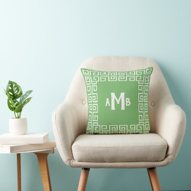 Grass Green Reverse Greek Key Border Monogram Throw Pillow (Chair)