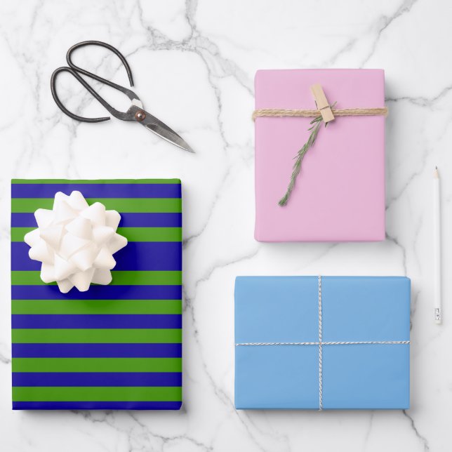 Grass Green Stripes with Cotton Candy and Blue Wrapping Paper Sheets (Front)