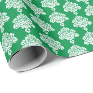 Grass Green   White Damask Wrapping Paper
