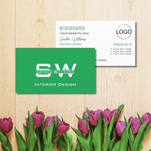 Grass Green White Simple with Monogram and Logo Business Card