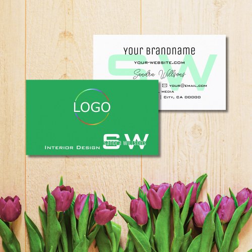 Grass Green White with Monogram and Logo Simple Business Card