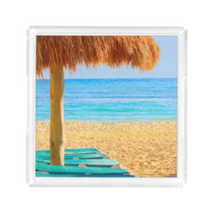 Grass Hut & Loungers On Beach Acrylic Tray