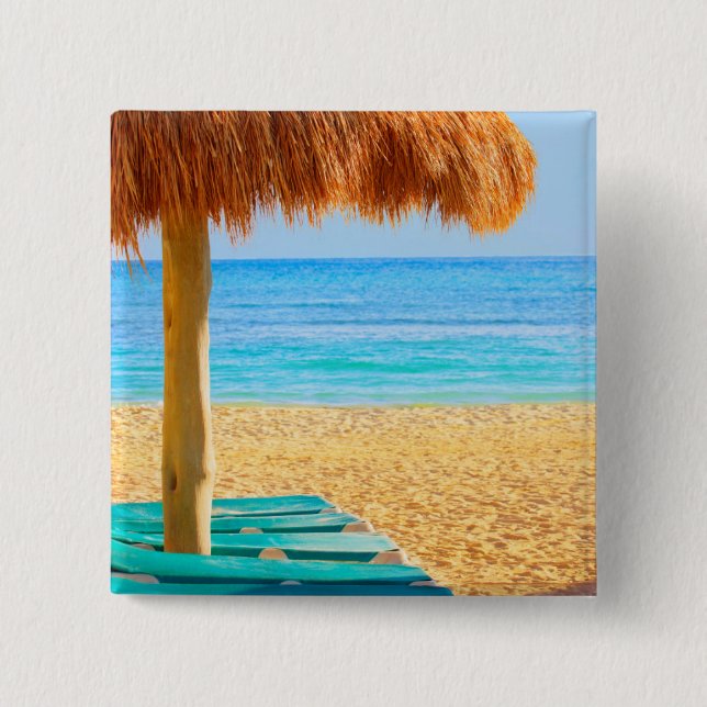 Grass Hut & Loungers On Beach Pinback Button (Front)