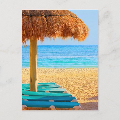 Grass Hut  Loungers On Beach Postcard