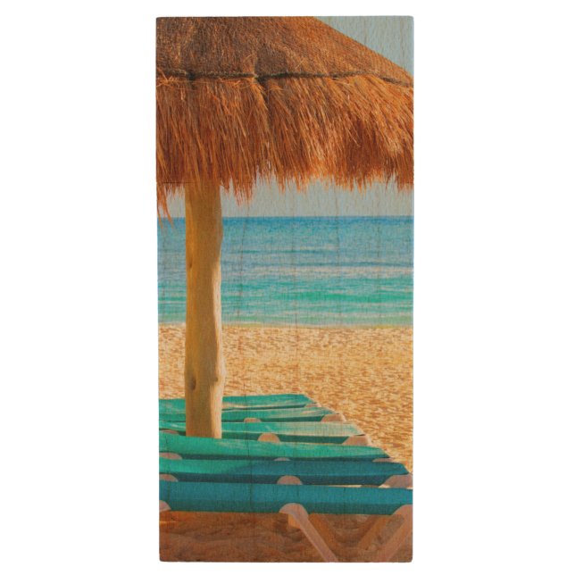 Grass Hut & Loungers On Beach Wood Flash Drive (Front Vertical)