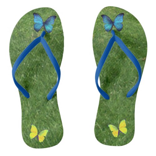 Grass Landscape and Butterflies Flip Flops