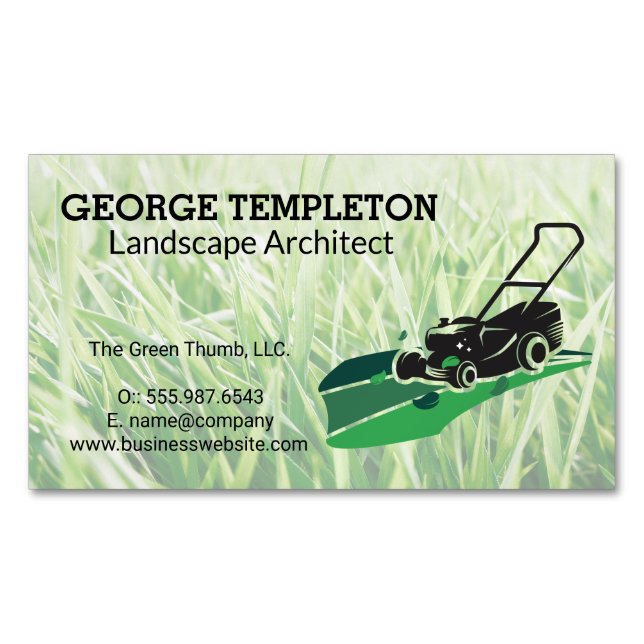 Grass | Lawn Mower | Landscaping Industry Business Card Magnet (Front)
