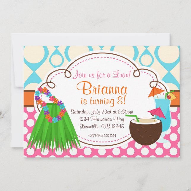 Grass Skirt and Coconut Drink, Luau Birthday Party Invitation (Front)