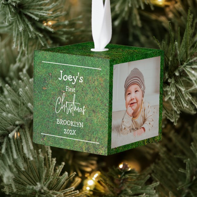  grass theme baby first Christmas three Photo Cube Ornament (Tree)