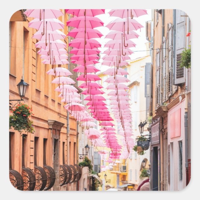 Grasse streets in Provence with pink umbrellas Pla Square Sticker (Front)