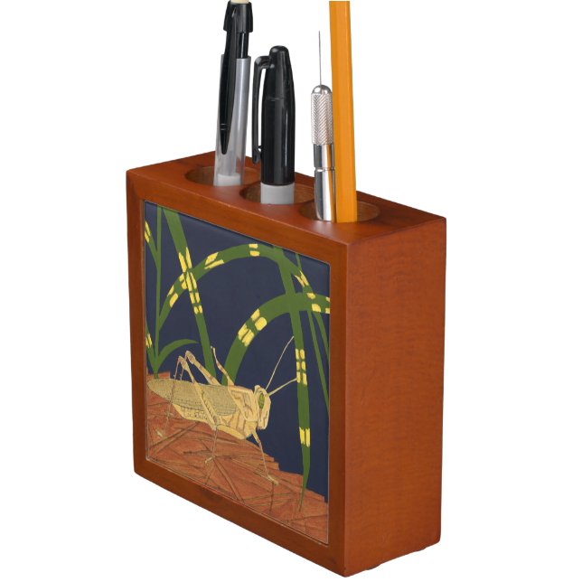 Grasshopper in Green Grass on Blue Background Desk Organizer (In Situ)