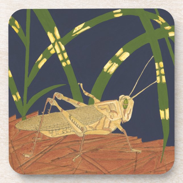 Grasshopper in Green Grass on Blue Background Drink Coaster (Front)