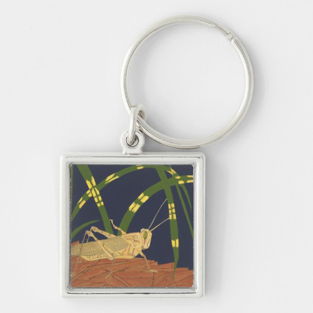 Grasshopper in Green Grass on Blue Background Keychain (Front)