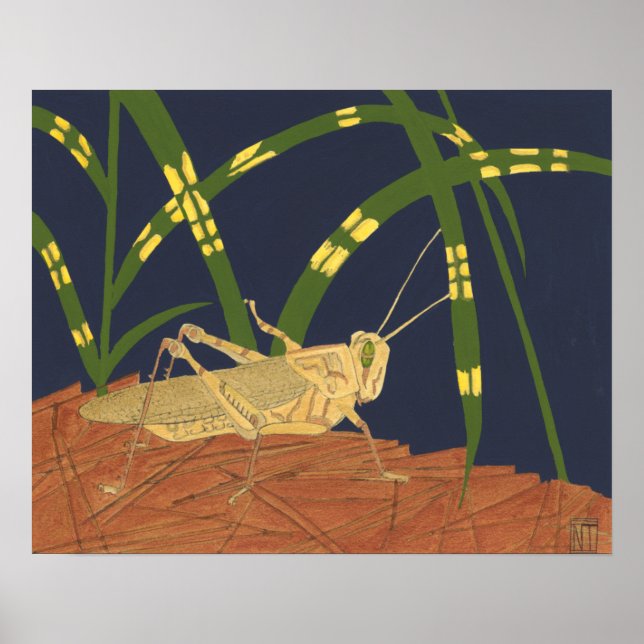 Grasshopper in Green Grass on Blue Background Poster (Front)