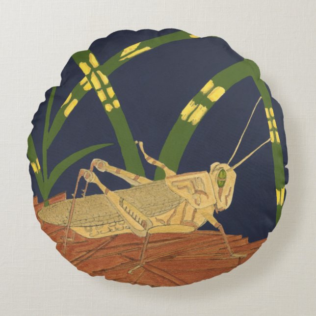 Grasshopper in Green Grass on Blue Background Round Pillow (Front)