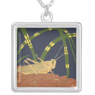 Grasshopper in Green Grass on Blue Background Silver Plated Necklace