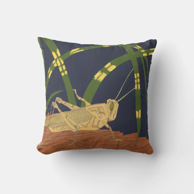 Grasshopper in Green Grass on Blue Background Throw Pillow (Front)