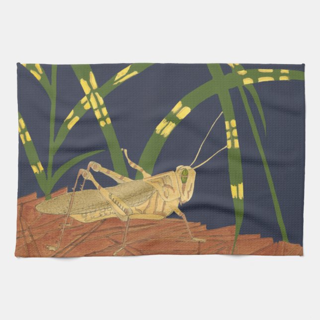 Grasshopper in Green Grass on Blue Background Towel (Horizontal)