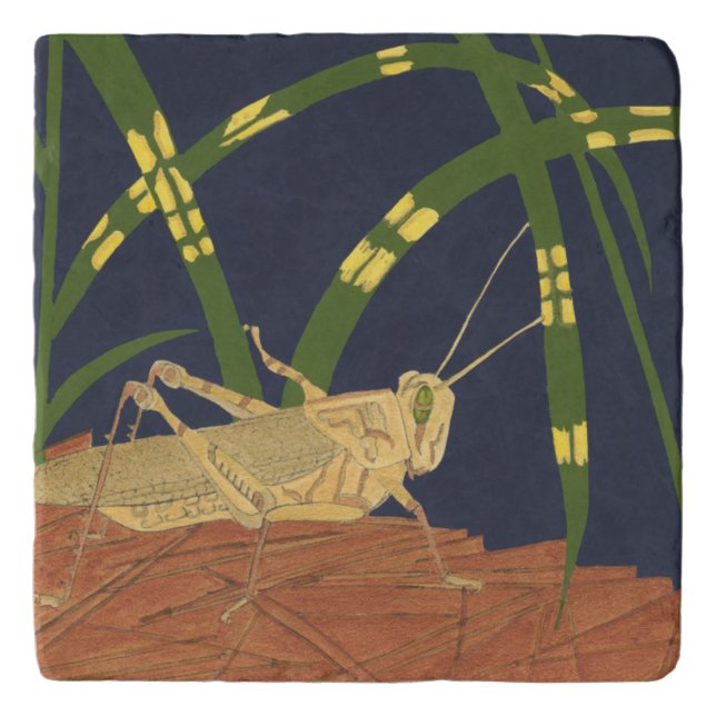 Grasshopper in Green Grass on Blue Background Trivet (Front)