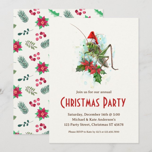 Grasshopper Santa Hat Poinsettias Christmas Party Invitation (Front/Back)