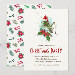 Grasshopper Santa Hat Poinsettias Christmas Party Invitation
