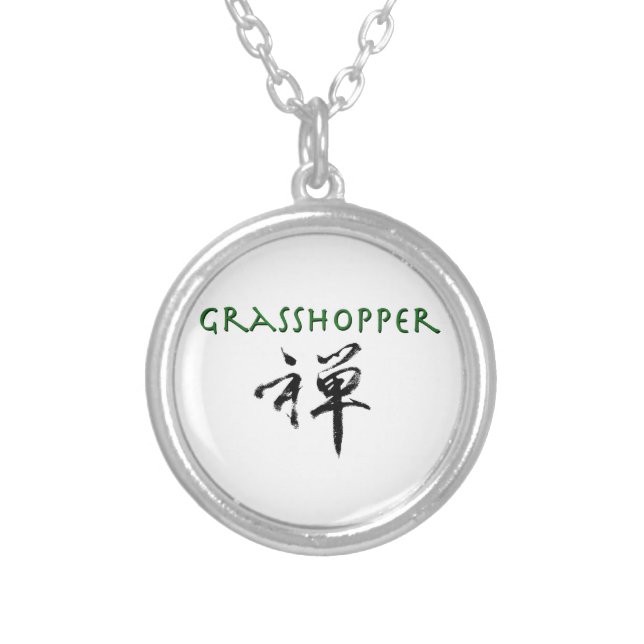 Grasshopper with "Zen" symbol Silver Plated Necklace (Front)