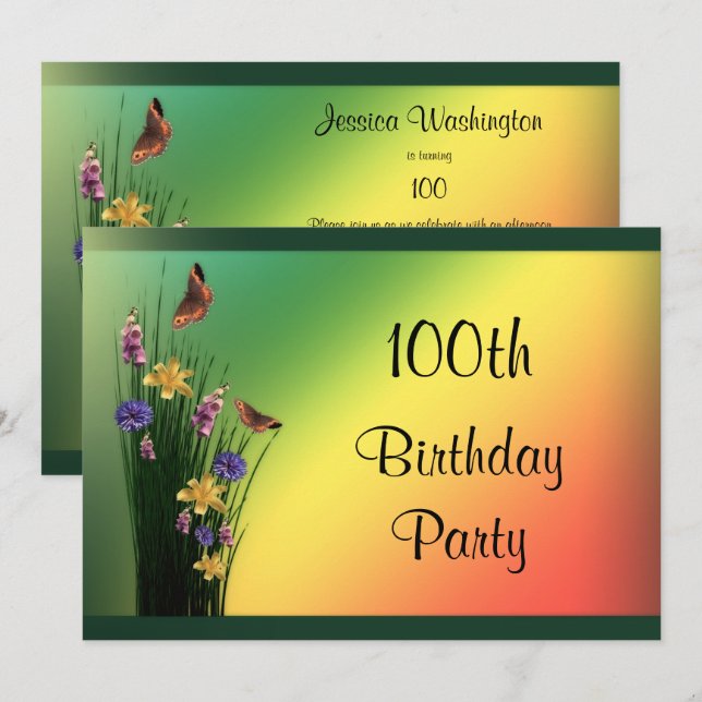 Grassy Bouquet And Butterflies 100th Birthday Invitation (Front/Back)