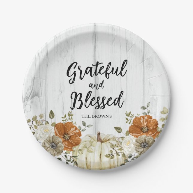 Grateful and Blessed Pumpkin Fall Thanksgiving  Paper Plates (Front)