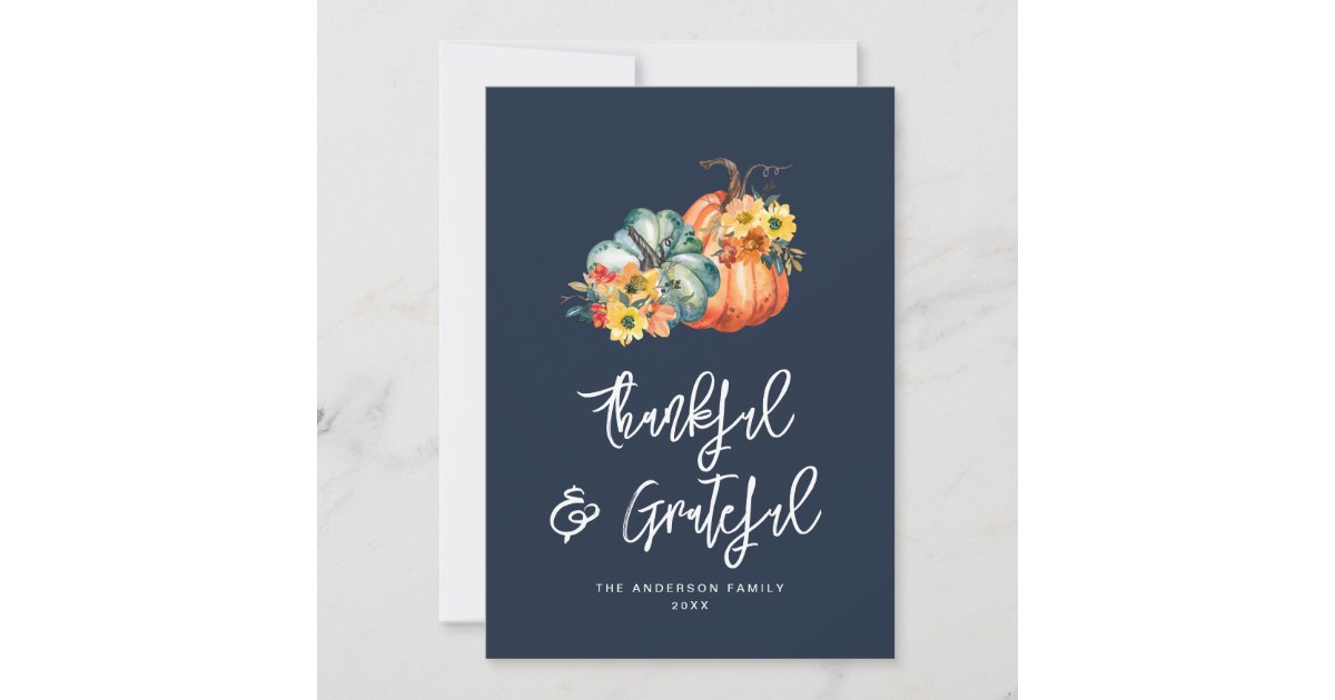 Grateful and thankful navy blue thanksgiving holiday card | Zazzle