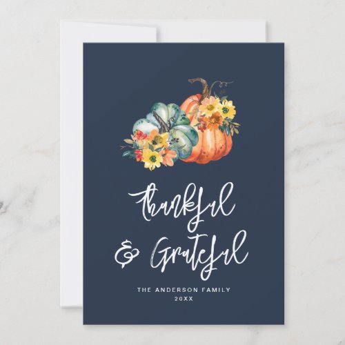 Grateful and thankful navy blue thanksgiving holiday card