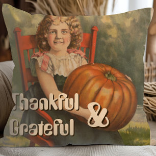 Grateful and thankful Vintage Girl with Pumpkin Throw Pillow