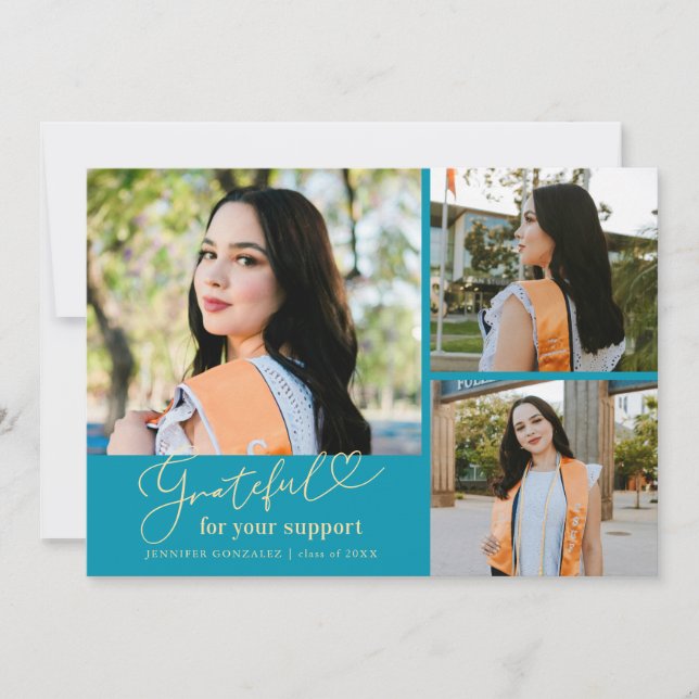 Grateful Aqua Blue Multi Photo Graduation Announcement (Front)