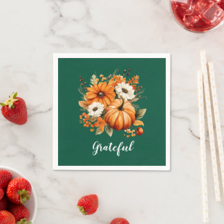 Grateful Autumn Floral Pumpkin Green Square Napkins