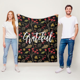Grateful Autumn leaves foliage on black Fleece Blanket