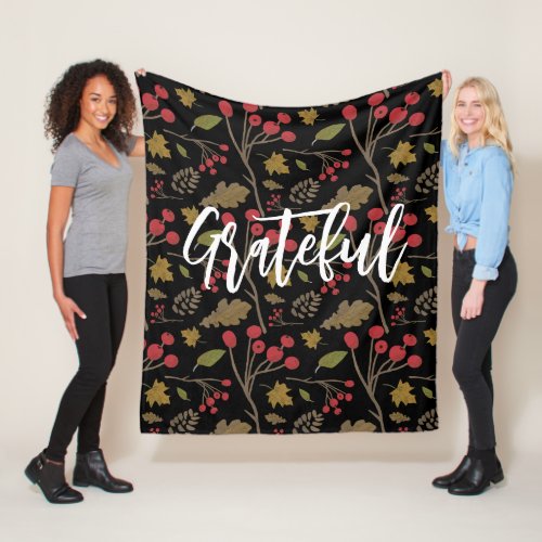 Grateful Autumn leaves foliage on black Fleece Blanket