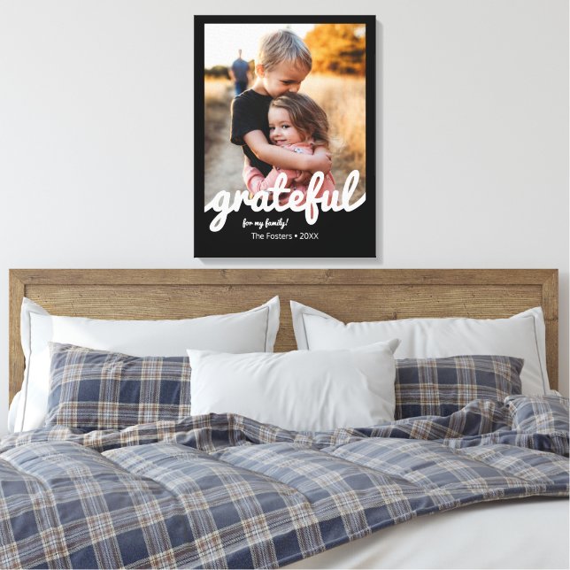 Grateful Black and White Script Custom Photo  Canvas Print (Insitu(Bedroom))