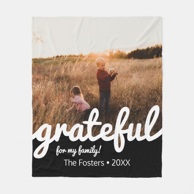Grateful Black and White Script Custom Photo  Fleece Blanket (Front)