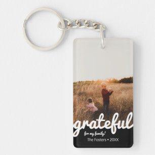 Grateful Black and White Script Custom Photo Keychain