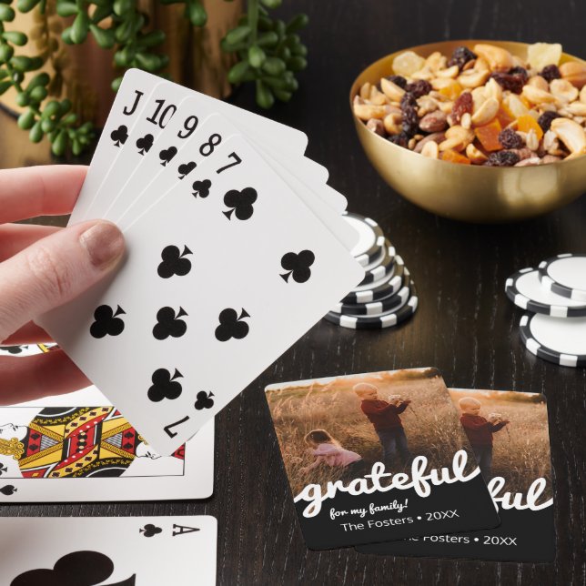 Grateful Black and White Script Custom Photo  Poker Cards (In Situ)