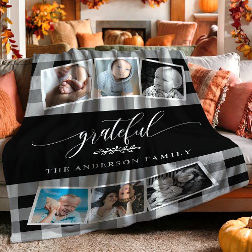 Grateful Black Plaid Fall Family 6 Photo Collage Fleece Blanket