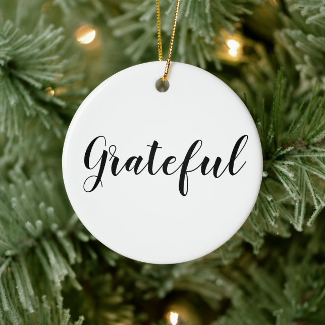 Grateful black white custom script cute Christmas Ceramic Ornament (Tree)