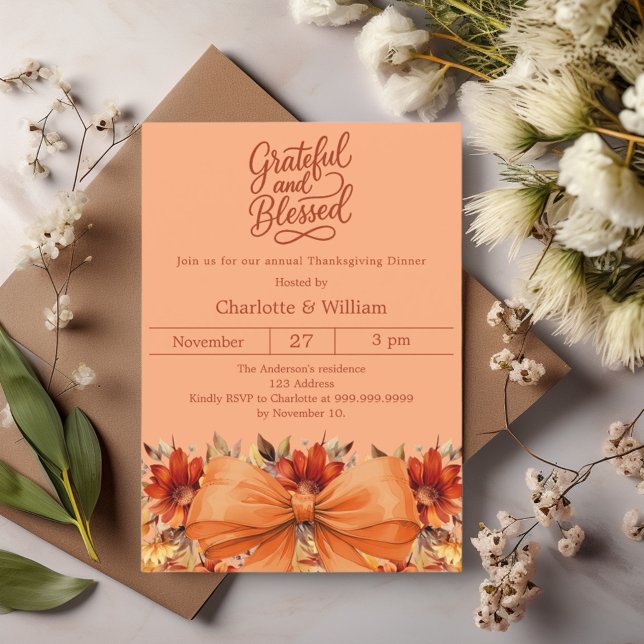 Grateful blessed bow atomic tangerine Thanksgiving Invitation (Creator Uploaded)