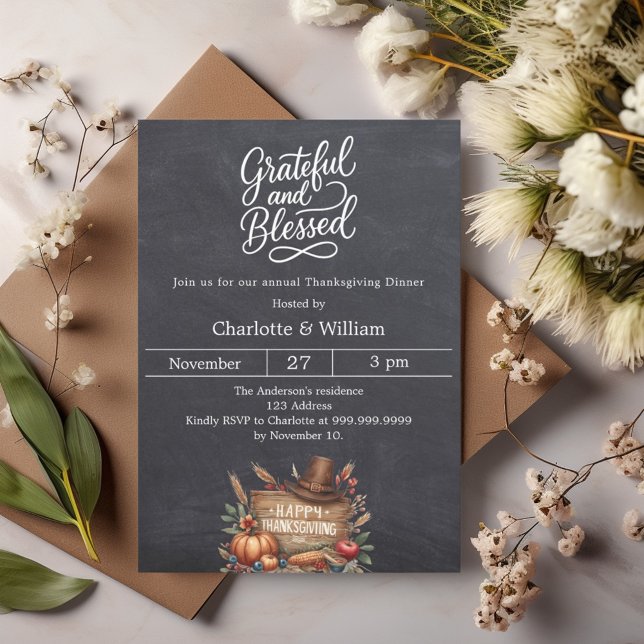 Grateful blessed chalkboard Thanksgiving Dinner Invitation (Creator Uploaded)