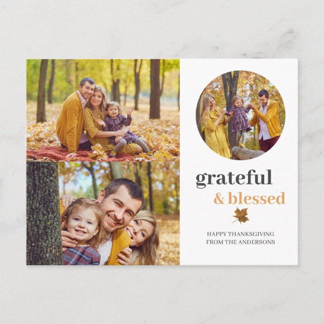 Grateful & Blessed | Elegant thanksgiving 3 photo Holiday Postcard (Front)