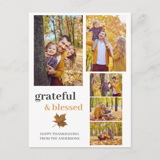 Grateful & Blessed Fall thanksgiving family photo Holiday Postcard (Front)