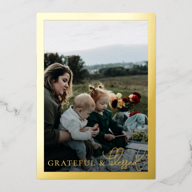 Grateful & Blessed Family Photo Collage Gold Foil Holiday Card (Front)