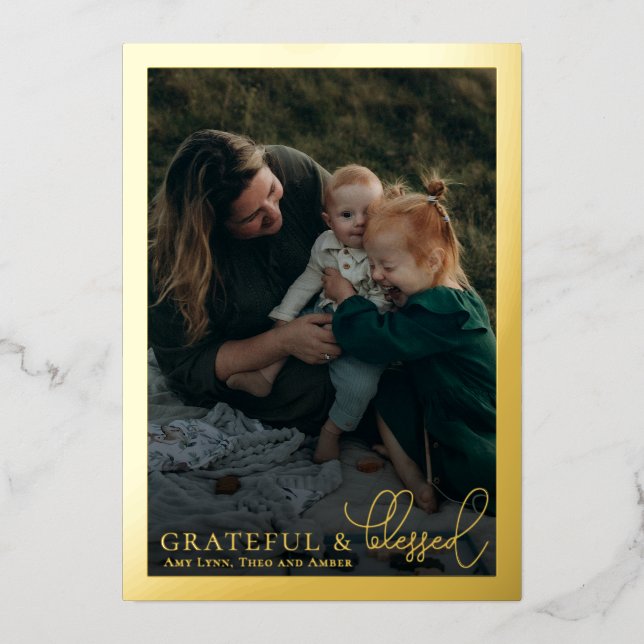 Grateful & Blessed Family Photo Collage Gold Foil Holiday Card (Front)